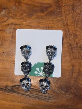 Crystal Skull Drop Earrings - Black and Silver